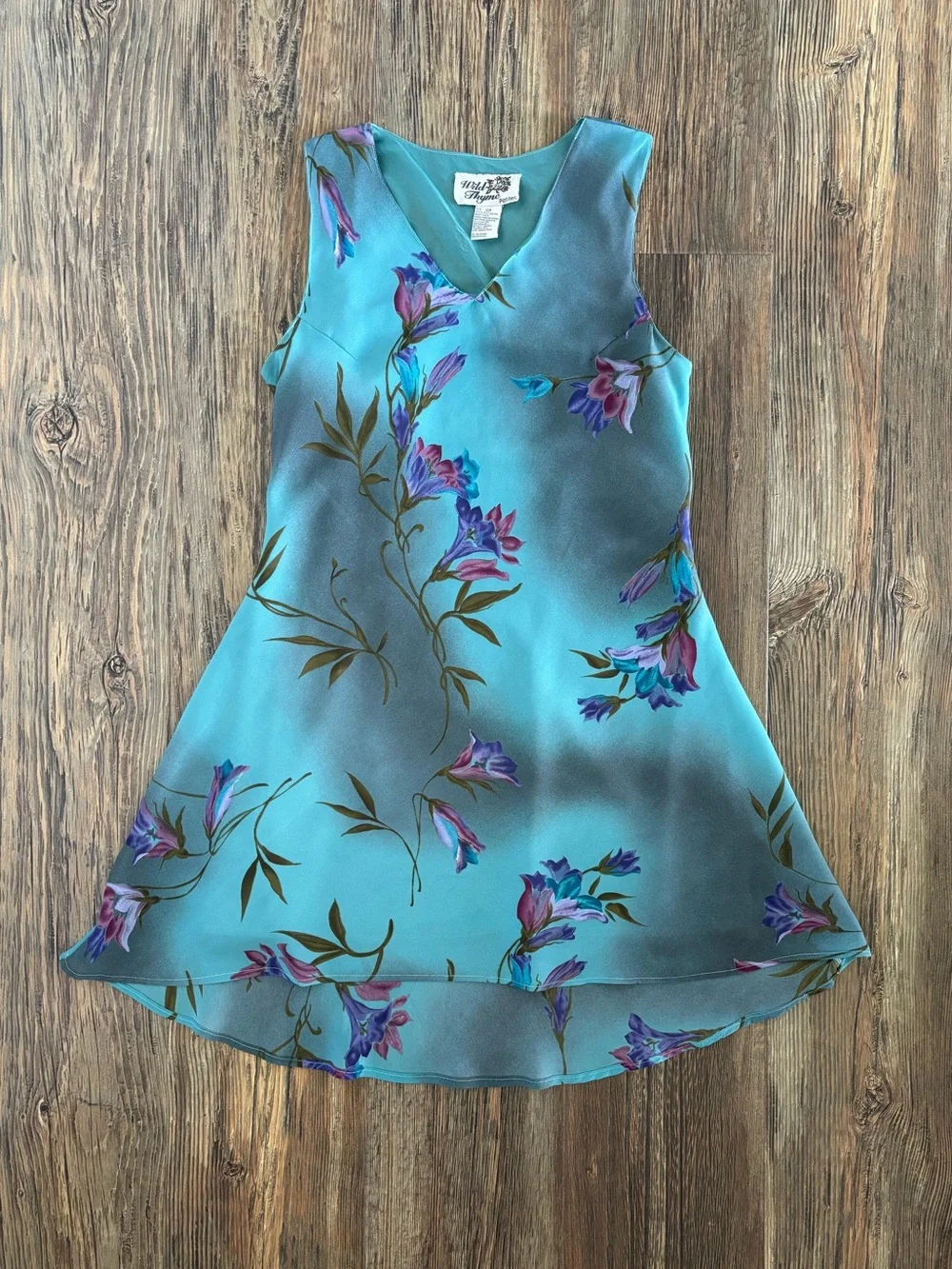 Vtg Wild Thyme Petites Sleeveless V-Neck Dress 10P Aqua Blue Floral Watercolor